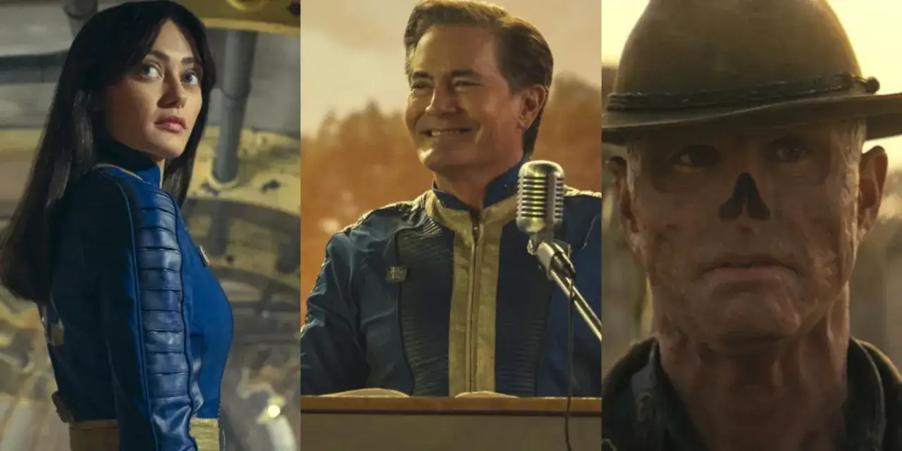 Die Besetzung von Fallout: Ella Purnell als Lucy, Walton Goggins als Ghul und Kyle MacLachlan in einer blauen Vault-Anzug-Uniform.