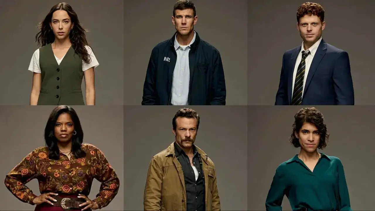 Die besetzung von Navy CIS: Origins zeigt sechs Hauptdarsteller in Porträts.
