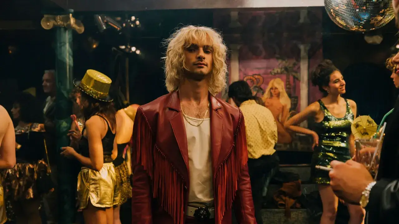 Ein Mann mit blonden Haaren und rotem Fransen-Sakko steht im Mittelpunkt einer Nachtclub-Szene. Die Besetzung von Luden und glamourösen Gästen feiert unter einer Discokugel.