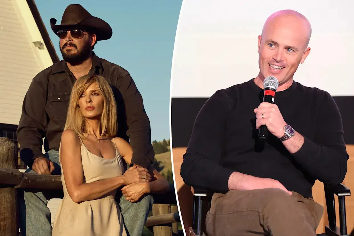 Cole Hauser und Kelly Reilly aus den Folgen von Yellowstone, daneben ein Mann mit Mikrofon.