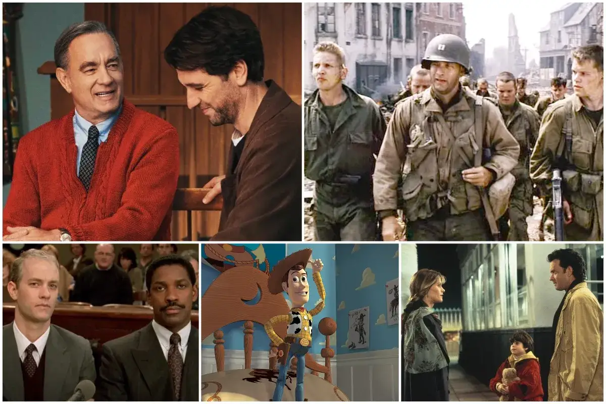 Tom Hanks in verschiedenen Filmen: als Mr. Rogers, Soldat im Krieg, Anwalt, Woody und in einer Szene mit einem Jungen.