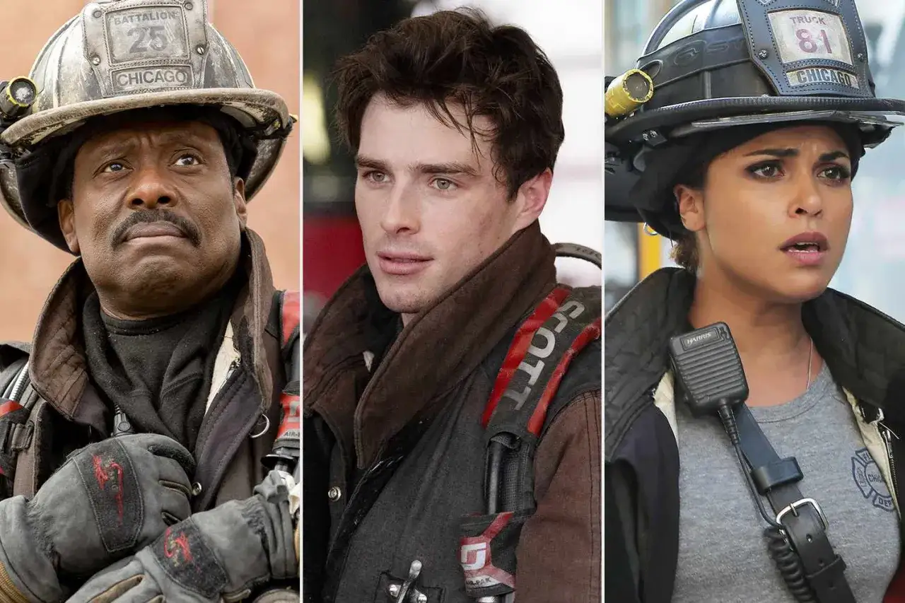 Drei Feuerwehrleute im Einsatz: Ein erfahrener Mann mit Helm, ein junger Mann und eine Frau mit Funkgerät. Chicago Fire Staffel 14.