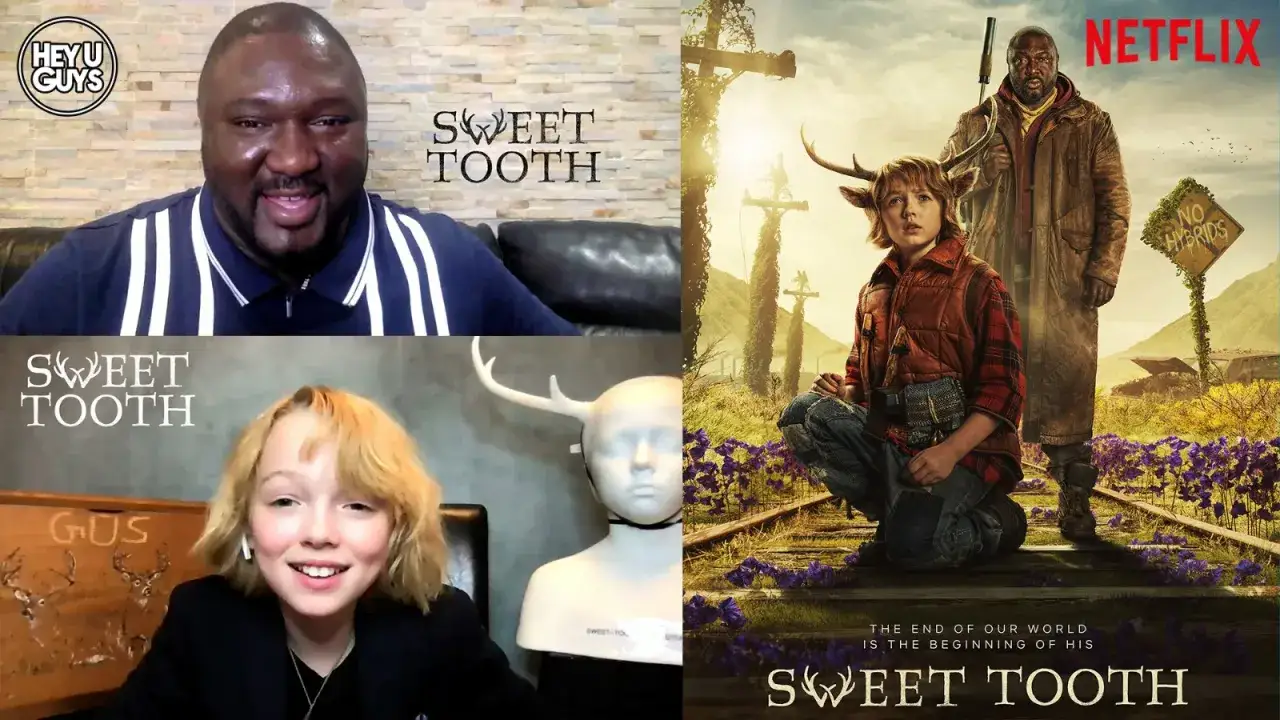 Besetzung von Sweet Tooth: Ein Mann und ein Kind mit Geweih auf einem Poster. Unten links ein Mädchen, das über die Serie spricht.