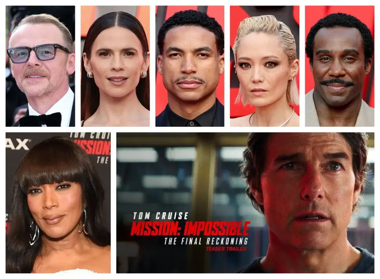 Besetzung von Mission: Impossible – Dead Reckoning Teil Eins: Simon Pegg, Hayley Atwell, Esai Morales, Pom Klementieff, Ving Rhames und Tom Cruise.