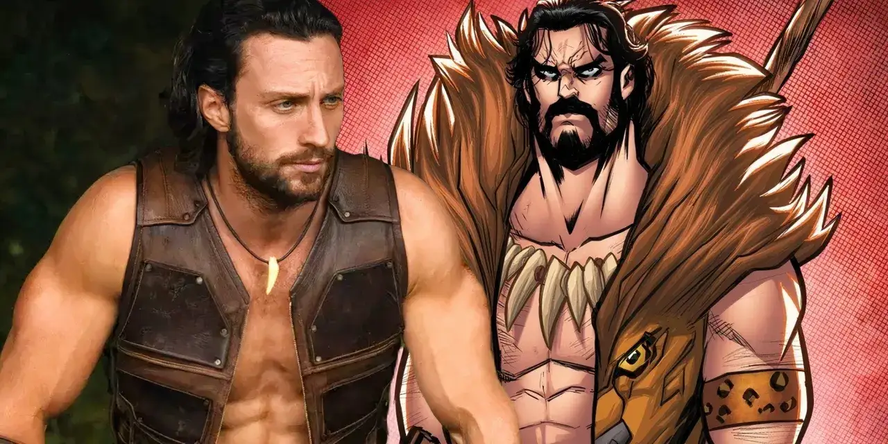Aaron Taylor-Johnson als Kraven the Hunter, mit einem Comic-Porträt von Kraven, der einen Pelzkragen und eine Halskette aus Zähnen trägt.