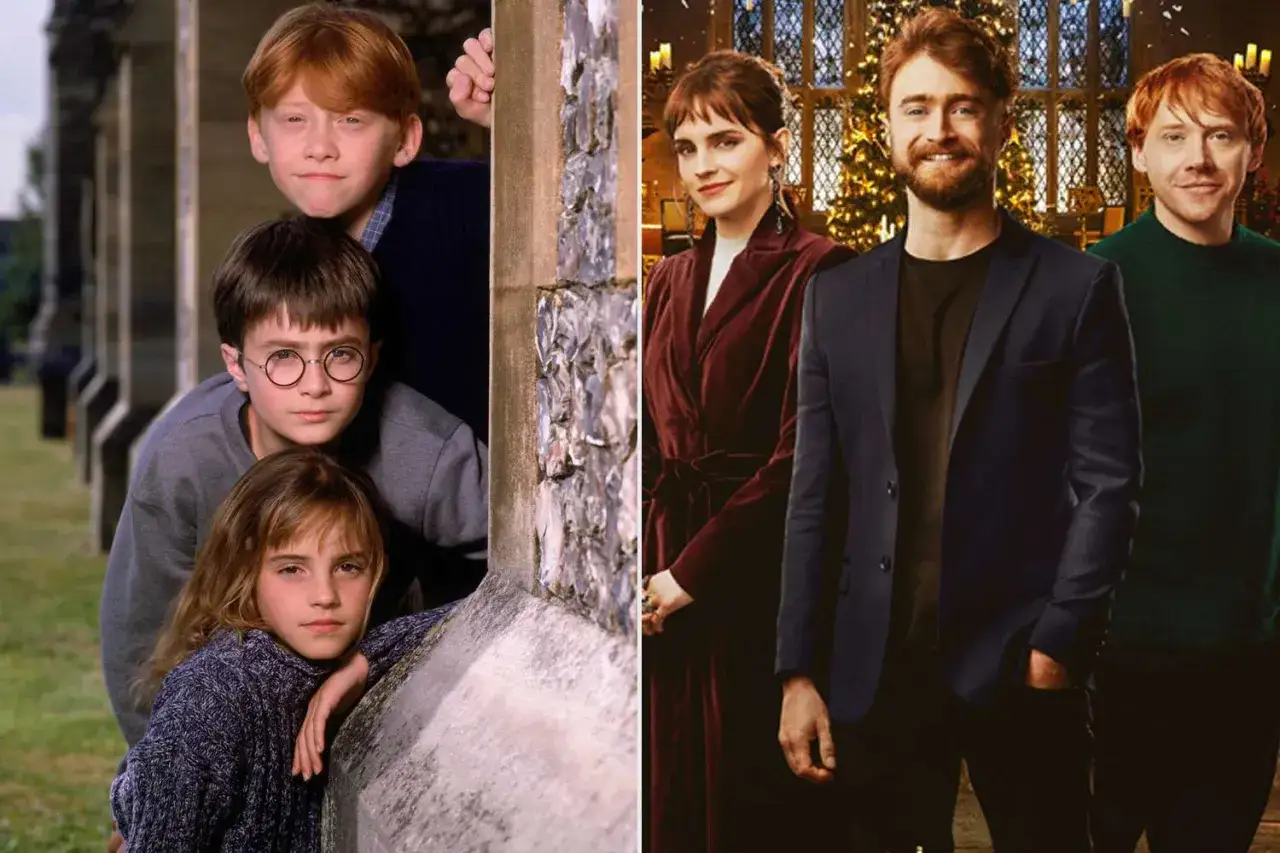 Die Harry Potter Serie Cast: Daniel Radcliffe, Emma Watson und Rupert Grint als Kinder und Erwachsene.