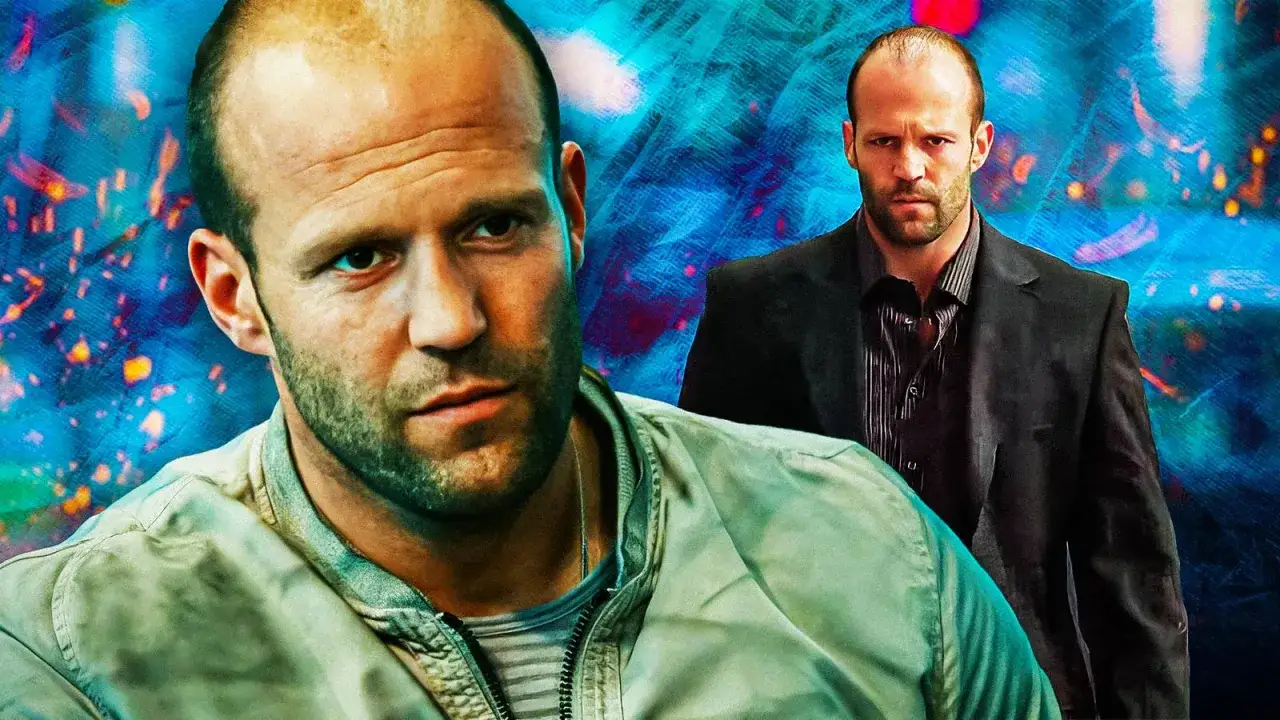 Zwei Jason Statham-Porträts, einer im Vordergrund mit Jacke, der andere im Hintergrund im Anzug. Perfekt für Fans von Actionfilme von Jason Statham.