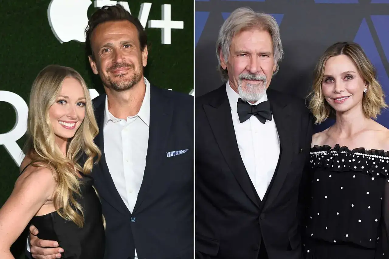 Jason Segel und seine Partnerin, sowie Harrison Ford und Calista Flockhart, die Stars der Besetzung von Shrinking, posieren für Fotos.