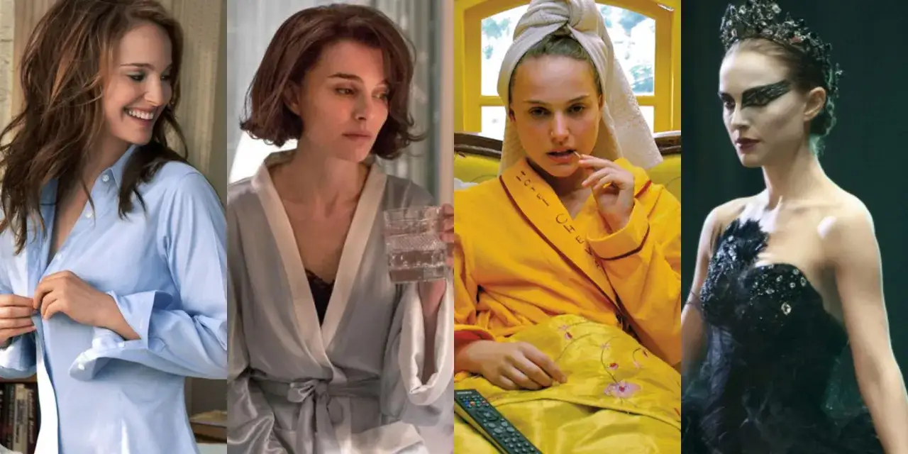 Vier Szenen aus Filme von Natalie Portman: lachend im Hemd, nachdenklich im Morgenmantel, im gelben Bademantel und als schwarzer Schwan.