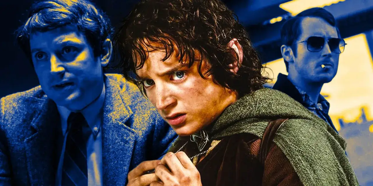 Elijah Wood in verschiedenen Rollen: als Frodo Beutlin, ein Mann im Anzug und ein Mann mit Sonnenbrille und Zigarette. Filme von Elijah Wood.