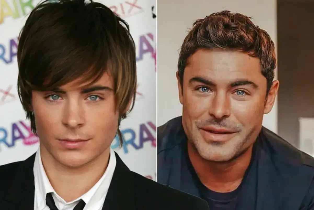 Zac Efron im Vergleich: Ein Blick auf seine Entwicklung in Filmen. Links der jugendliche Star, rechts der gereifte Schauspieler.