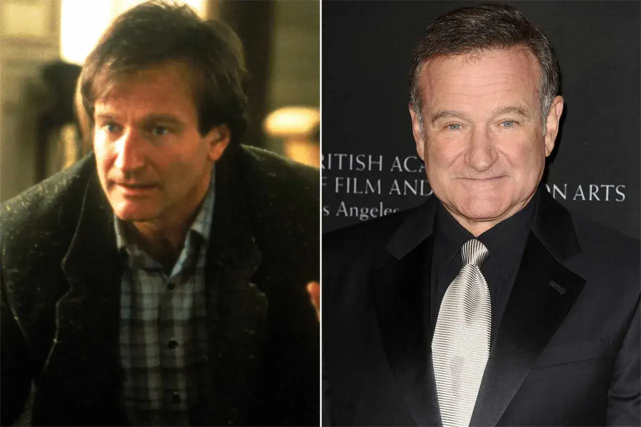 Robin Williams, der Teil der Besetzung von Jumanji war, in zwei Aufnahmen: einmal im Film und einmal bei einer Veranstaltung.