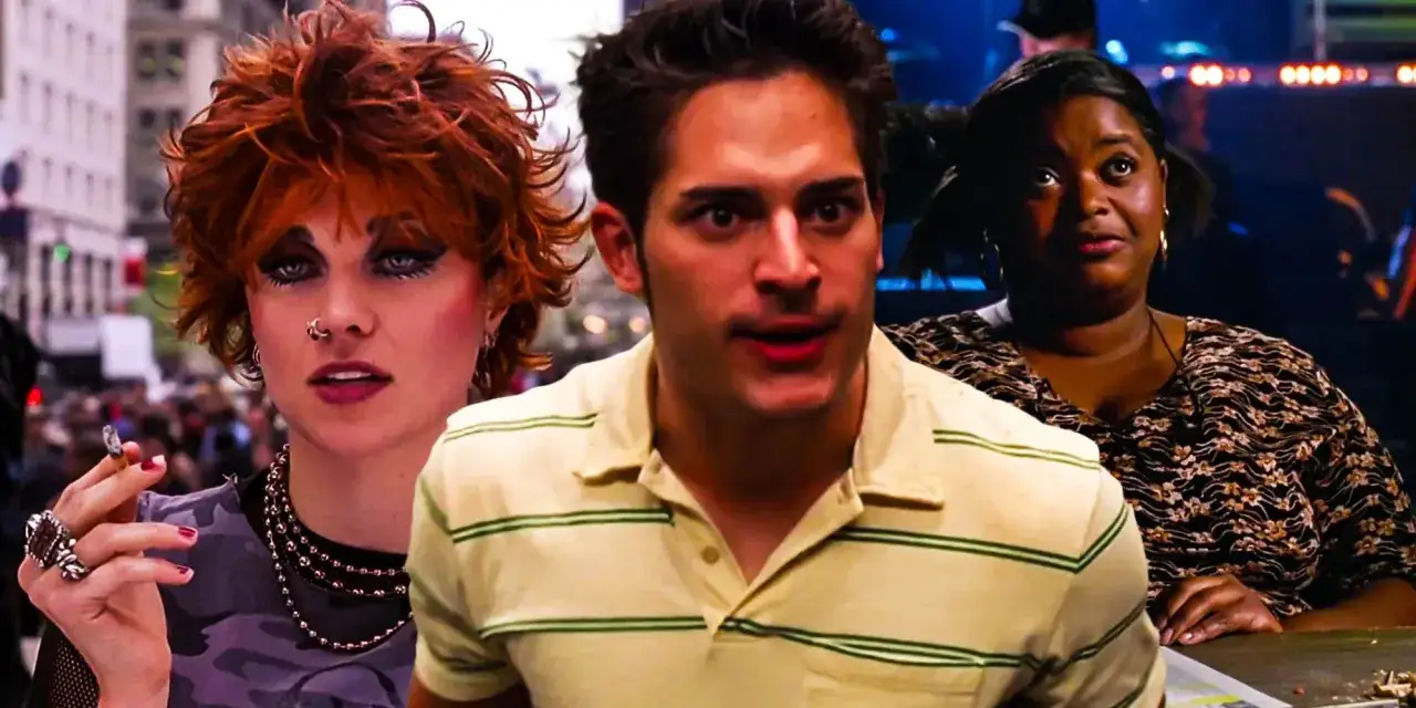 Die Besetzung von Spider-Man (Film) zeigt eine Frau mit roten Haaren und auffälligem Make-up, einen Mann in einem gestreiften Poloshirt und eine Frau mit dunkler Haut und gemustertem Oberteil.