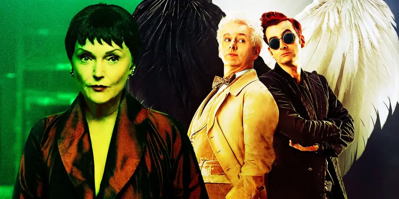 Die Charaktere der good omens staffel 3 sind zu sehen: eine Frau mit dunklem Haar, ein Mann in Beige und ein Mann mit roten Haaren und Sonnenbrille, flankiert von Flügeln.