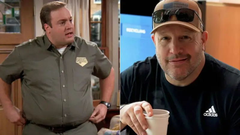 Kevin James, bekannt aus der Besetzung von King of Queens, einmal im Arbeitshemd, einmal mit Kappe und Sonnenbrille.