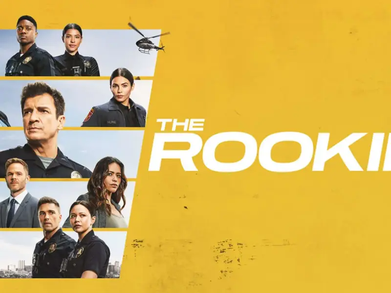 Die Hauptcharaktere der Serie "The Rookie" Staffel 6, darunter Polizisten und ein Hubschrauber, vor einem gelben Hintergrund.