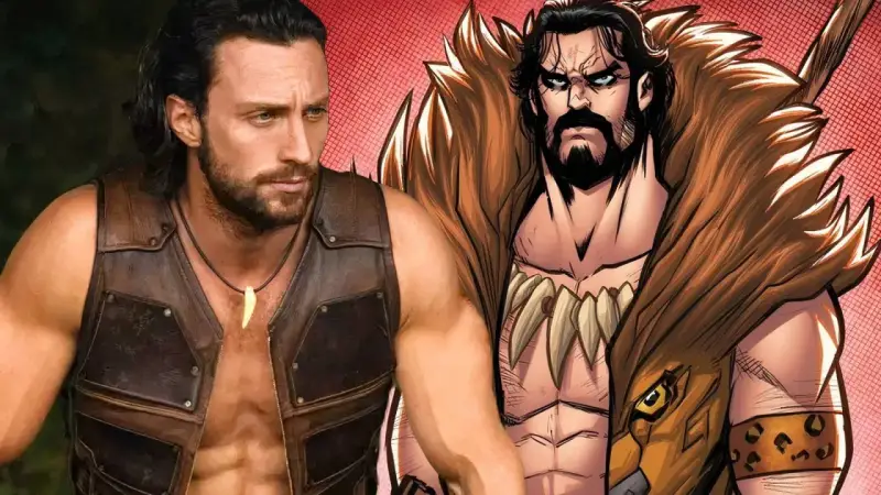 Aaron Taylor-Johnson als Kraven the Hunter, neben einer Comic-Darstellung des Jägers mit Fellkragen und Zahnkette.