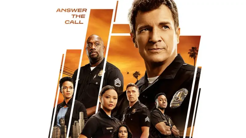 Das Plakat zur **the rookie staffel 5** zeigt das Team in Uniform vor einem sonnenuntergangroten Himmel.